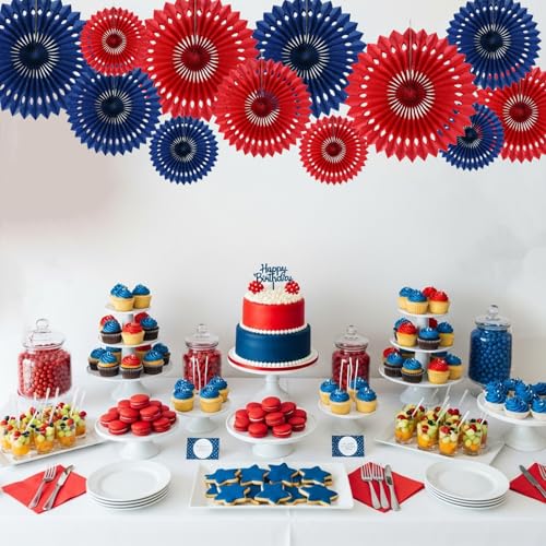 Honeycomb Round Paper Fans Navy Blue Red Hanging Party Decoration (12 Count)