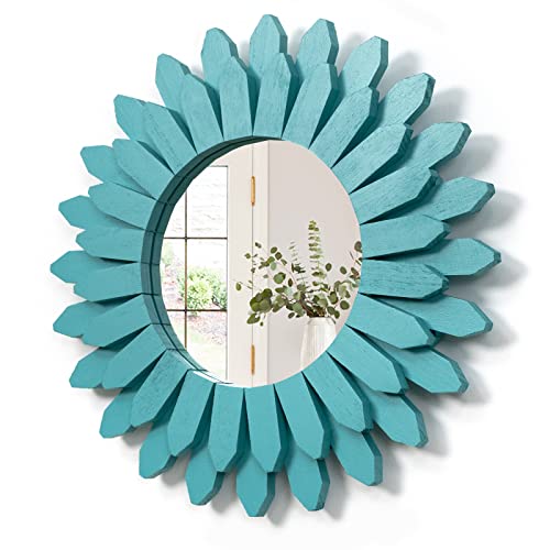 Beach Wall Decor Mirror 12 inch Wood Coastal Wall Decor Sunburst Boho Home Decor Room Decor for Bedroom Living Room Bathroom Cyan