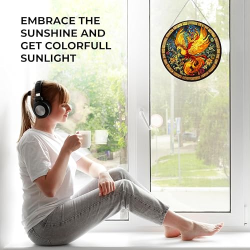 Sacred Phoenix Bird Suncatcher Stained Glass Window Hangings Sun Catchers Colorful Ornament Gifts for Women Mom Wife Halloween Christmas Housewarming 6.3”