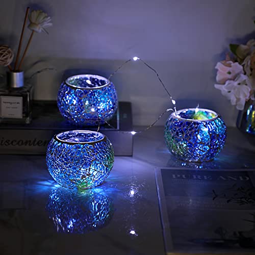 3PCS Mosaic Glass Tea Light Holders Round Bowl Votive Candle Holders