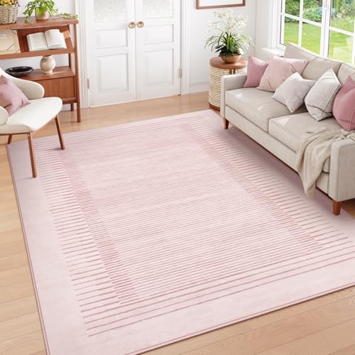 Washable Pink Striped Rug for Bedroom 8x10