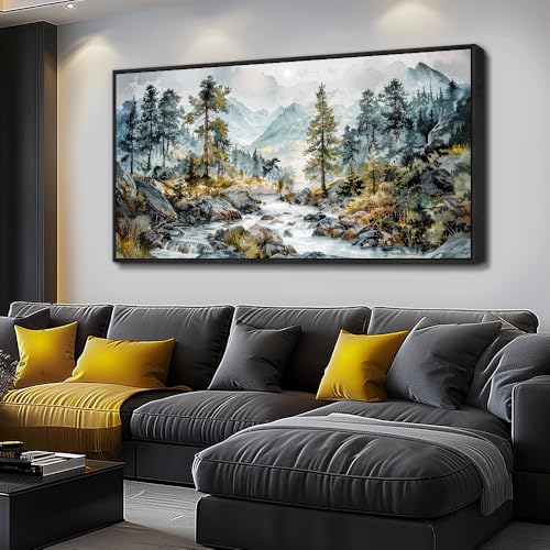 Large Wall Art For Bedroom Wall Decor For Living Room Office Decoration Rivulet View Painting Forest Tree Landscape Watercolour Pictures Canvas Artworks Home Decor Black Framed 24x48 In