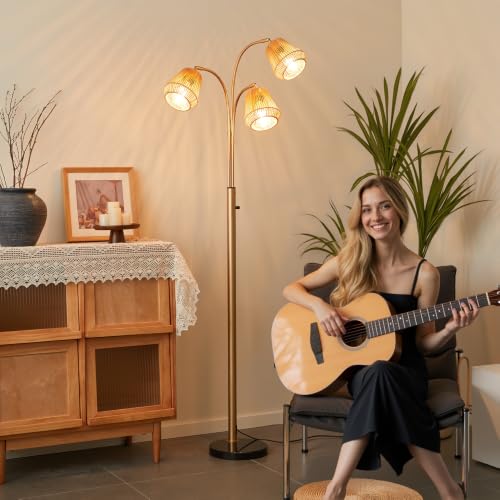 Gold Rattan Floor Lamp for Living Room (3 Count)