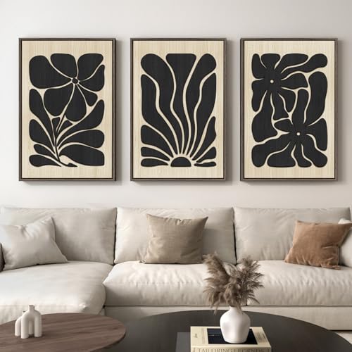 Large Framed Wood 3D Boho Black Floral Wall Art for Living Room (3 Count)