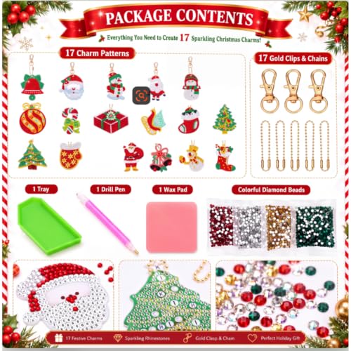 17 Pcs Double Sided Diamond Art Christmas Ornaments Keychains 5d