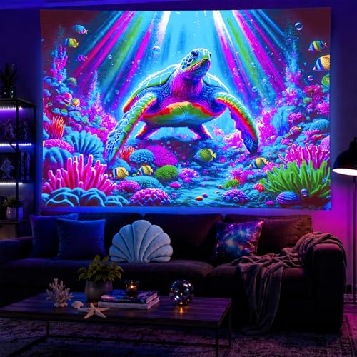 Blacklight Tapestry Sea Turtle Neon Wall Art 78 x 59 Inch