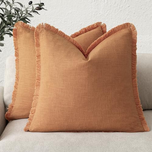 Decorative Linen Fringe Throw Pillow Covers 20×20 Dusty Orange (2 Count)