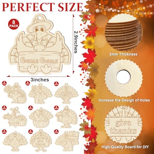 80PCS Wooden Thanksgiving Decoration Turkey Ornaments to Paint Thanksgiving Ornaments for Tree Crafts Cutouts Unfinished (80 Count)