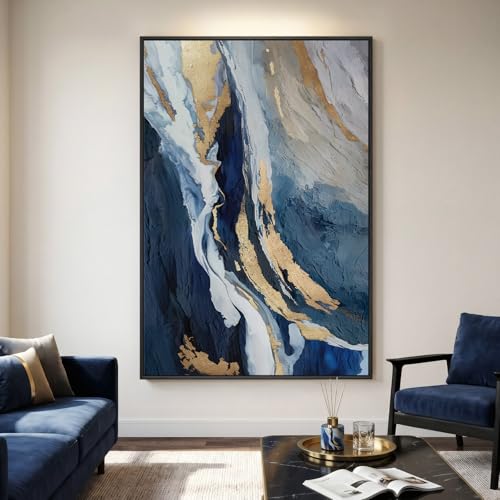 Extra Large Framed Navy Blue Abstract Wall Art for Living Room