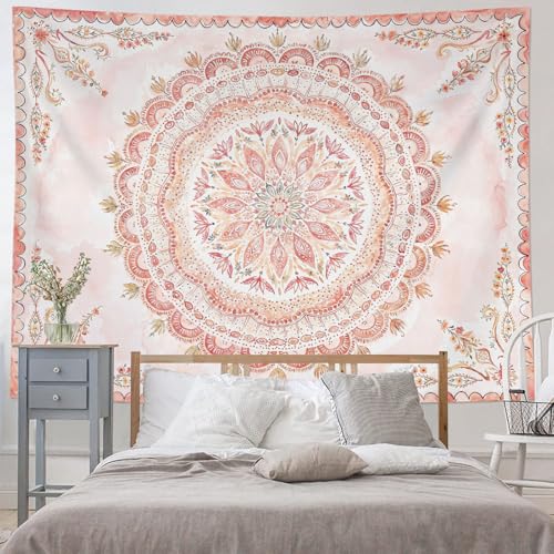 Boho Floral Mandala Tapestry Wall Hanging Pink Bohemian Flower Medallion Tapestry Aesthetic Watercolor Hippie Indian Large Tapestries for Bedroom Living Room Dorm Decor 80 x 60 Inch