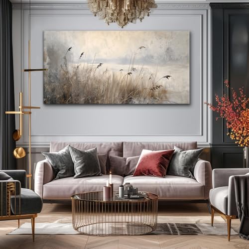 Vintage Meadow Wall Art for Living Room Reed Grass Canvas Painting Prints Large Retro Rustic Cottagecore Countryside Landscape Farmhouse Bedroom Artwork Home Decor