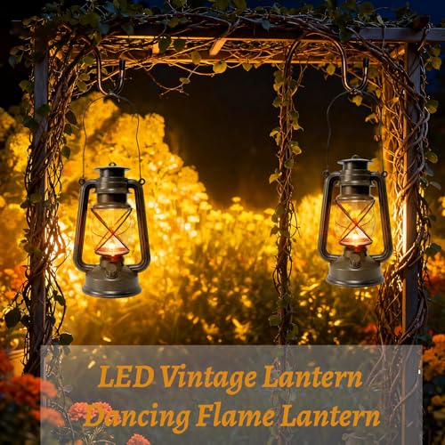 2 Pack LED Vintage Lantern Battery Powered Lanterns with Flame Wick Waterproof Camping Lamp Vintage LED Flame Lamp Hanging Lantern Lights Landscape Patio Garden Pathway Decor for Indoor (2 Count)