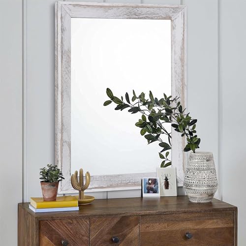 Mirrors for Wall Rustic Wood Framed Hanging Mirror 28"x20" Decorative for Farmhouse Bedroom Bathroom Living Room Entryway Hallway White