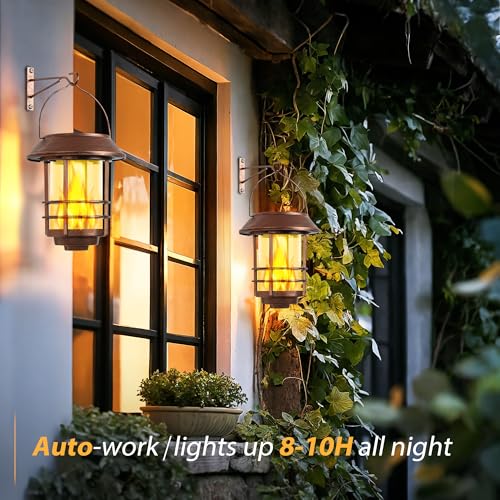 Solar Lanterns Outdoor Waterproof Flickering Flame 2 Pack Red Bronze (2 Count)