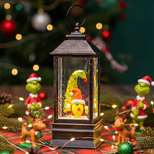 10'' Christmas Gnomes Snow Globe Lantern Lighted Whimsical Christmas Tree & Scandinavian Santa Elf Musical Water Lantern Swirling Glittering Home Decoration and Gift