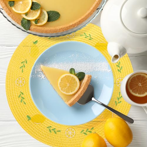 4Pcs Lemon Embroidered Placemats Round Place Mats Summer Lemon Greenery Leaves Dinner Table Mats for Home Wedding Baby Shower Birthday Party Decor (4 Count)