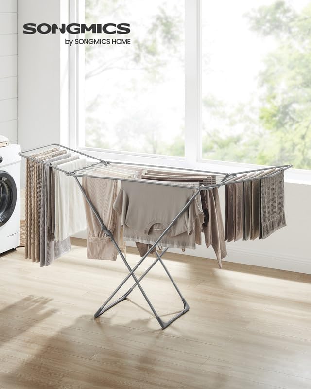 SONGMICS Clothes Drying Rack, Metal Laundry Drying Rack, Foldable, Space-Saving, Free-Standing Airer, with 2 Gullwings, Indoor Outdoor Use, Bed Linen Clothing, Gray ULLR540G01 - NestledHome