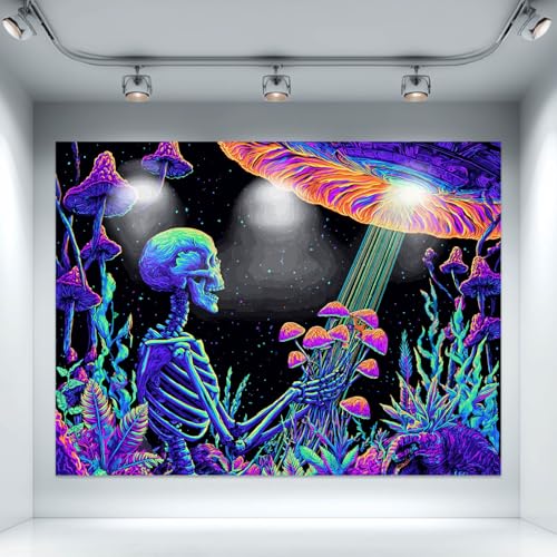 Blacklight Tapestry Skeleton UFO Glow Backdrop 78 x 59 Inch