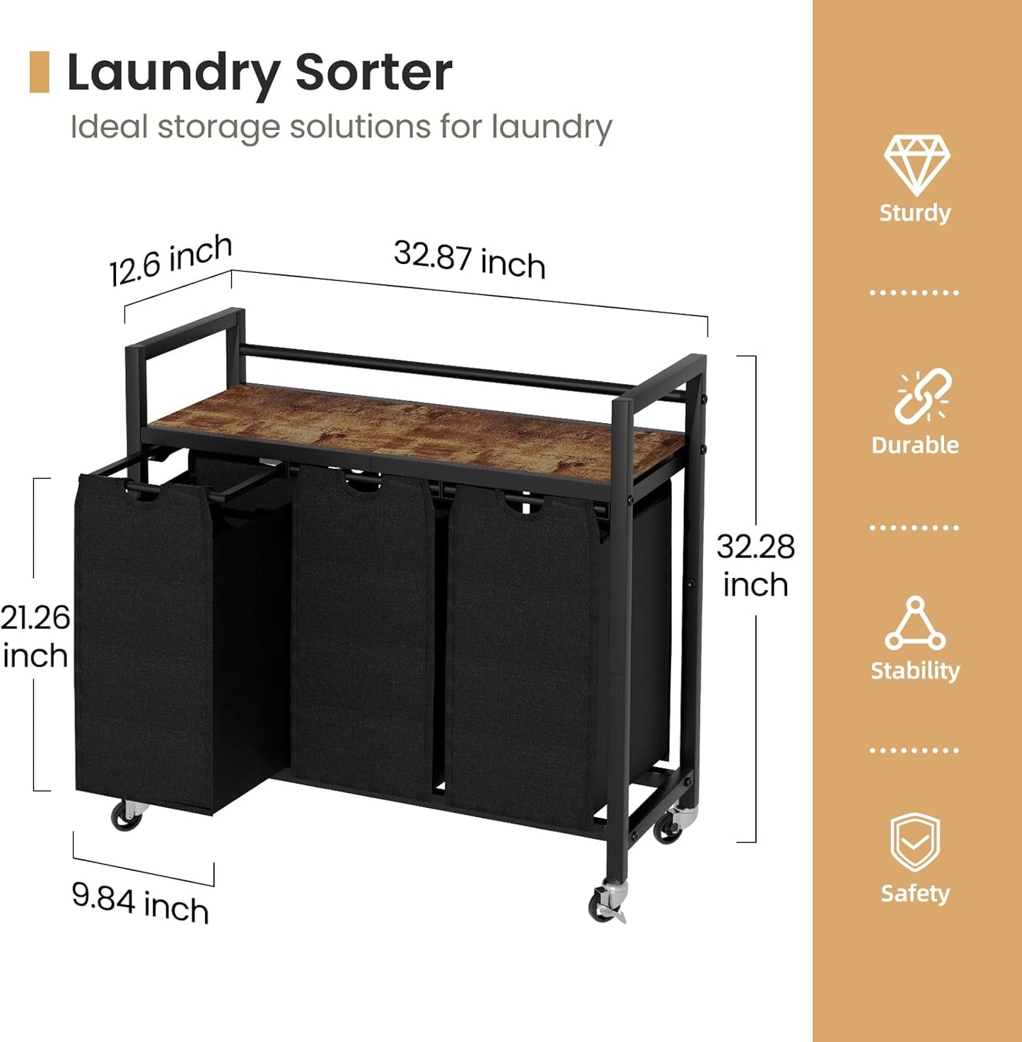 Laundry Hamper, Laundry Basket, Laundry Sorter with 3 Removable Bags, Clothes Basket with 3 Compartments, Wheels, Shelf for Laundry Room Bathroom Bedroom (3 Bags-Black) - NestledHome