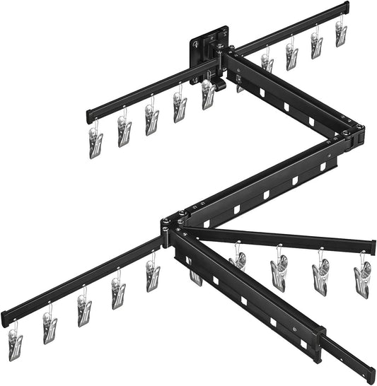 BESy Tri-Fold Foldable Clothes Drying Rack Retractable Hanging Collapsible Dryer Hanger Racks for Laundry Balcony Bathroom Space Saver Outdoor Indoor 20 Clips Aluminum Alloy Wall Mounted Matte Black - NestledHome