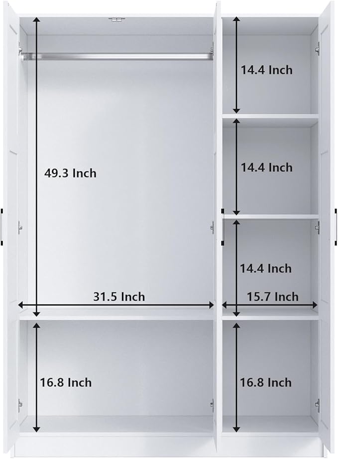 3 Doors Wooden Wardrobe Closet Armoire, White Storage Cabinet for Hanging Clothes, Bedroom Large Capacity Freestanding Armoire,Wood Wardrobe Combination with Shelves