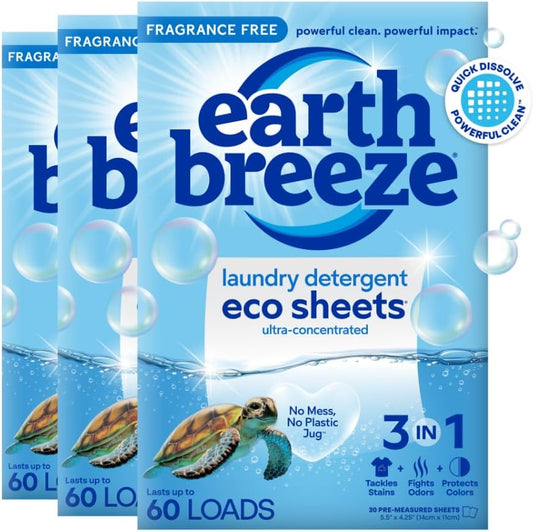 Earth Breeze Laundry Detergent Sheets Fragrance-Free - 180 Loads Eco Liquidless Soap - Travel-Friendly for Hot & Cold Cycles, Tackles Tough Stains & Odors - Gentle on Sensitive Skin, 90 Ct (3 Pack) - NestledHome