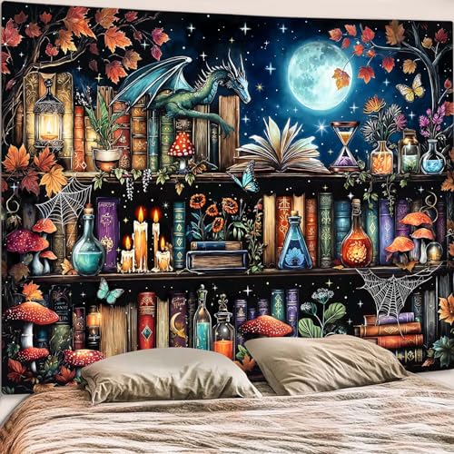 Dragon Bookshelf Tapestry Witchy Mushroom Bookshelf Tapestries Wall Hanging Gothic Medieval Fantasy Moon Dark Academia Book Large Tapestry for Bedroom Living Room Dorm 80 x 60 inch