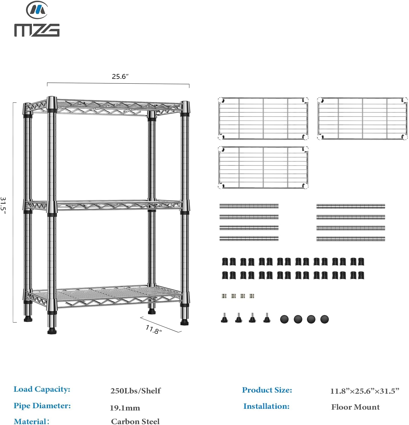 750 lbs 3 Tier Shelf Metal Storage Shelves Wire Rack Closet Organizers for Garage Kitchen Bathroom Laundry Chrome 11.8" D x 25.6" W x 31.5" H - NestledHome