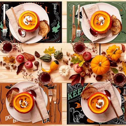4Pcs Halloween Placemats Pumpkin Bat Black Cat Skeleton Table Mat Vintage Decorative Place Mats for Party Table Setting Decor (4 Count)