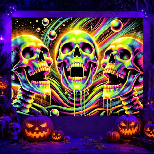 Blacklight Tapestry Skull Gothic Wall Hanging 78 x 59 Inch