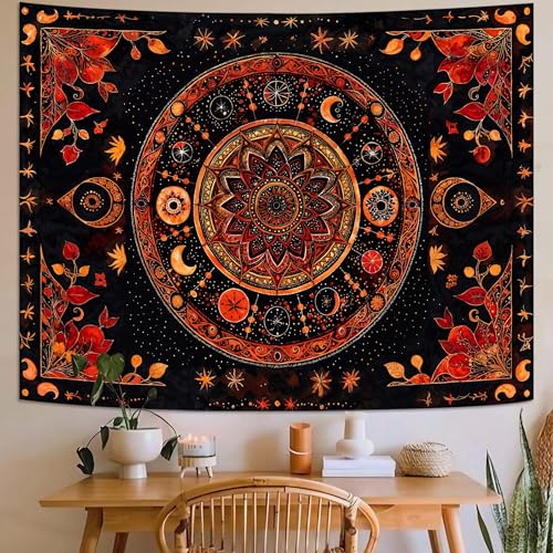 Mandala Moon and Stars Tapestry Boho Tapestry for Bedroom Black and Orange Tapestries Wall Hanging Living Room Wall Art and Home Decor 60x80