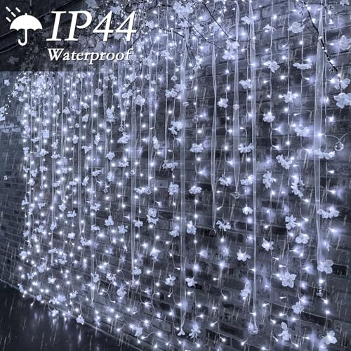 300 LED Cool White Curtain String Lights 9.8x9.8FT Plug in Fairy Lights with 9 Hooks Dimmable Timer & 8 Modes IP44 Waterproof Bedroom Office Wall Wedding Backdrop Christmas Indoor Outdoor Decor