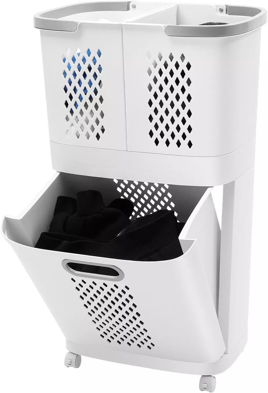 Movable Household Laundry Basket,2 Tier Laundry Hamper Basket Sorter with Wheels&Handle,Large Hand-Held Laundry Basket Clothes Storage Organizer for Bathrooms Bedrooms - NestledHome