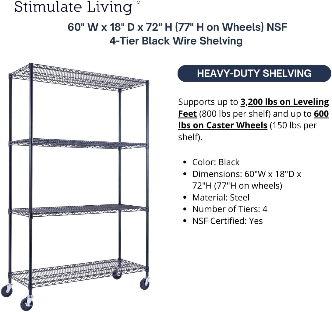 60"x18"x72" Prime Heavy Duty Black 4-Tier Wire Shelving NSF 3200 LBS MAX Capacity Storage Rack for Commercial, Hospital, School, Garage, and Kitchen Uses (with Wheels) - NestledHome