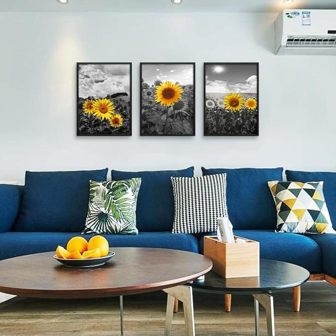 Black Framed Sunflower Flowers Wall Art - Large Size Set of 3 Piece Framed Art Prints for Living Room, Bedroom, Kitchen, Home Decor