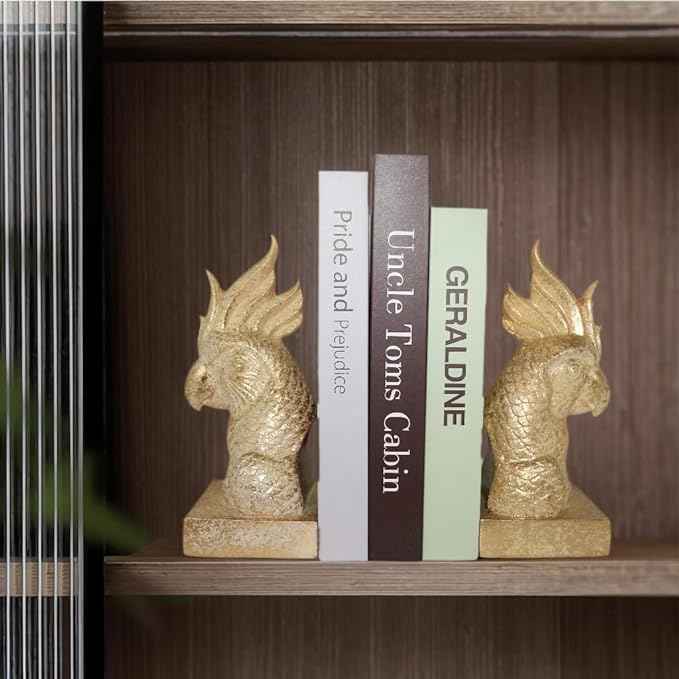 Golden Parrot Decorative Bookends,Set of 2 Cute Bird Animal Sculpture Book Ends to Hold Hevay Duty Books,Unique Resin Statues Book Stopper for Home Office Desk Bookshelf Decor
