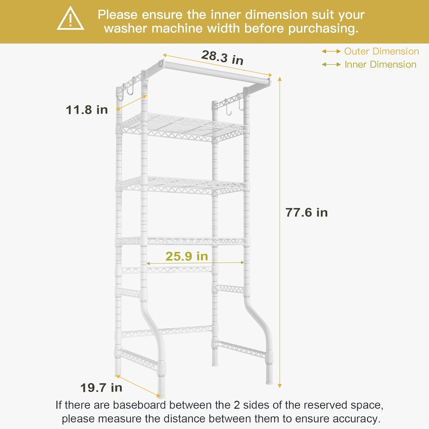 Ulif U11 Mini Over Washer and Dryer Shelves, 3 Tiers Laundry Room Storage and Organizer Standing Shelf, Metal Freestanding Clothes Drying Rack, 28.3”W x 19.7”D x 77.6”H, White - NestledHome