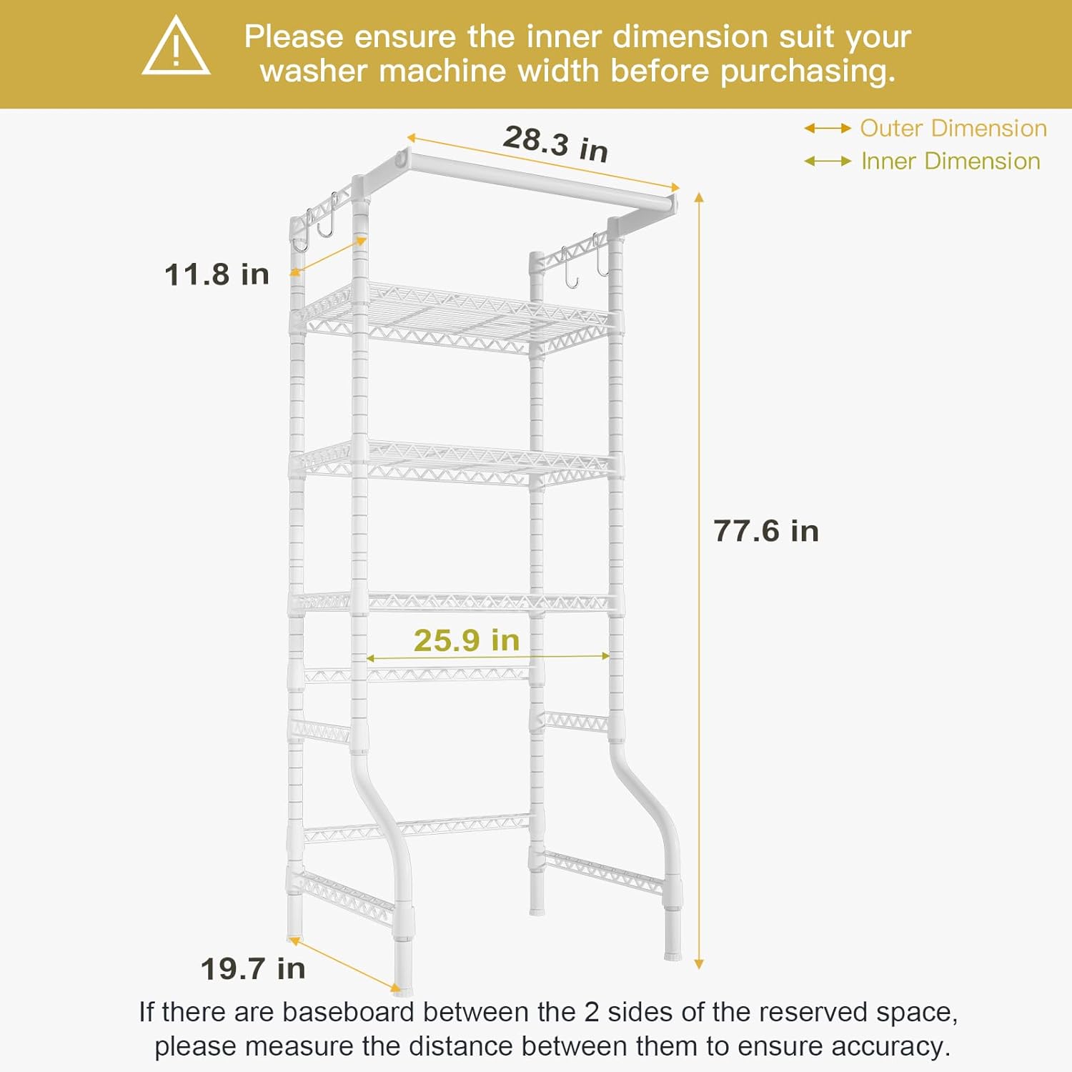 Ulif U11 Mini Over Washer and Dryer Shelves, 3 Tiers Laundry Room Storage and Organizer Standing Shelf, Metal Freestanding Clothes Drying Rack, 28.3”W x 19.7”D x 77.6”H, White - NestledHome
