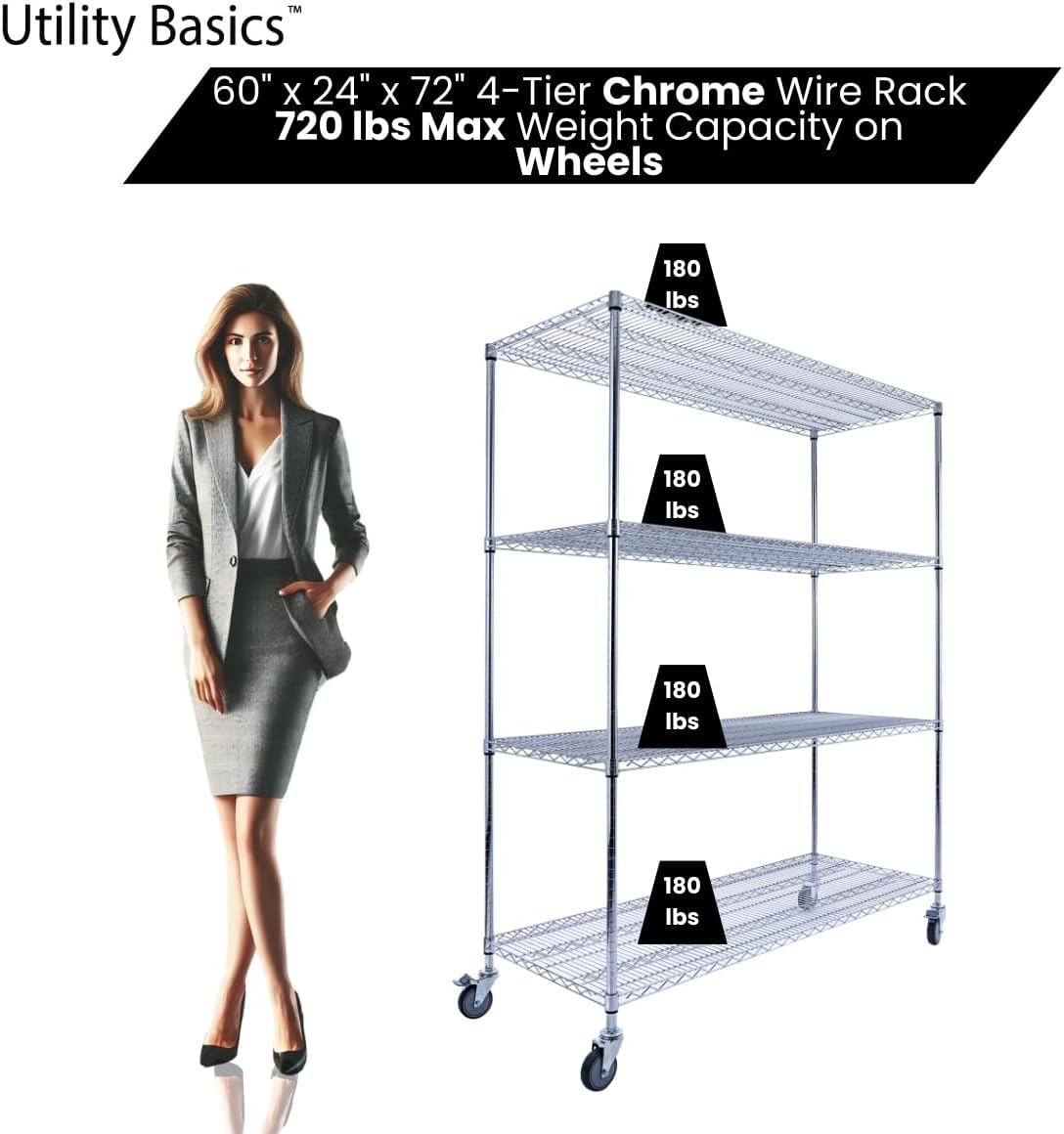 60"x24"x72" PREMIUM METAL STEEL 4-Tier Wire Shelving NSF 3200 LBS MAX Capacity Heavy Duty Storage Rack for Hospitals, Schools, Commercial Spaces, and Garages w/PREMIUM Wheels - NestledHome