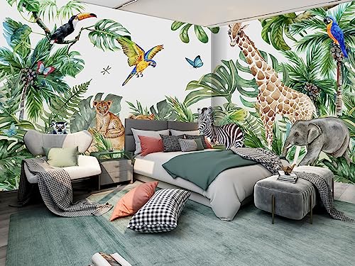 Safari Wallpaper for Children with Animals Jungle Wall Mural Watercolor Animals Nursery Wallpaper Kids Room Decor (120.66 Sq Ft)