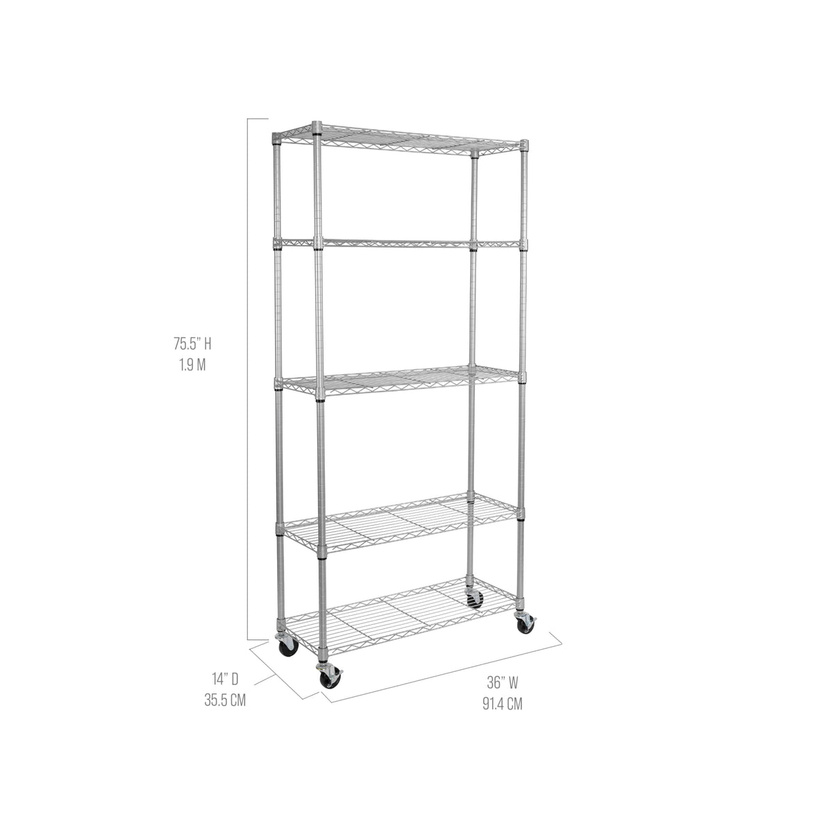 5-Tier NSF-Certified Steel Wire Shelving, 36"W x 14"D x 75.5"H, Silver