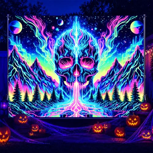 Blacklight Tapestry Skull Mountain Neon Wall Art 78 x 59 Inch