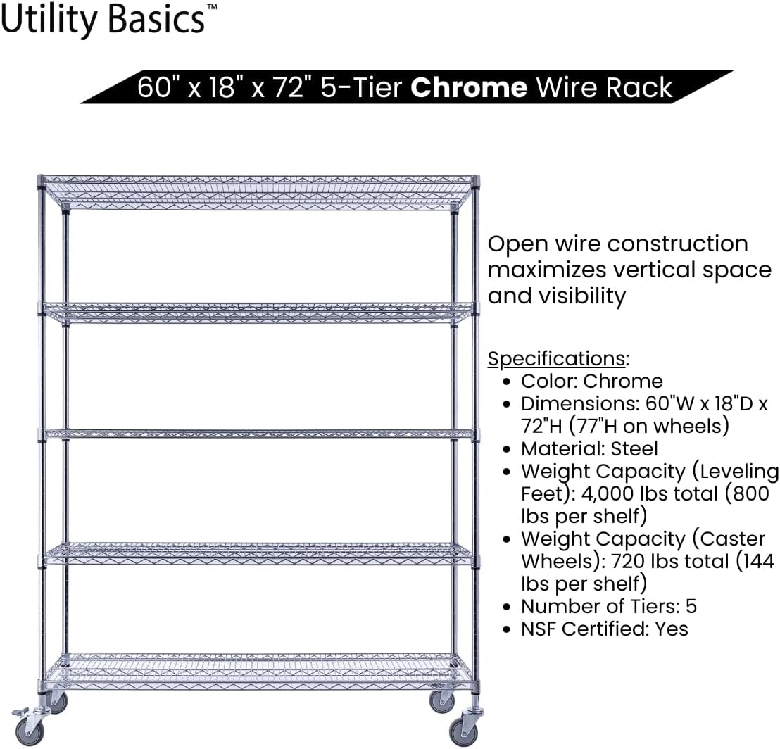 60"x18"x72" Chrome 5-Tier PREMIUM Wire Shelving NSF 4000 LBS MAX CAPACITY Heavy Duty Steel Storage Rack for Warehouses, Garages, Hospitals, Commercial Spaces, & Schools w/PREMIUM WHEELS - NestledHome