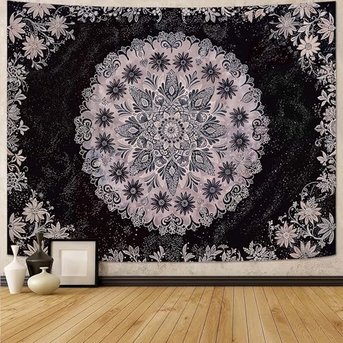 Boho Floral Mandala Tapestry Wall Hanging Grey Bohemian Flower Medallion Tapestry Aesthetic Gray Black Hippie Indian Small Tapestries for Bedroom Living Room Dorm Decor 80 x 60 Inch