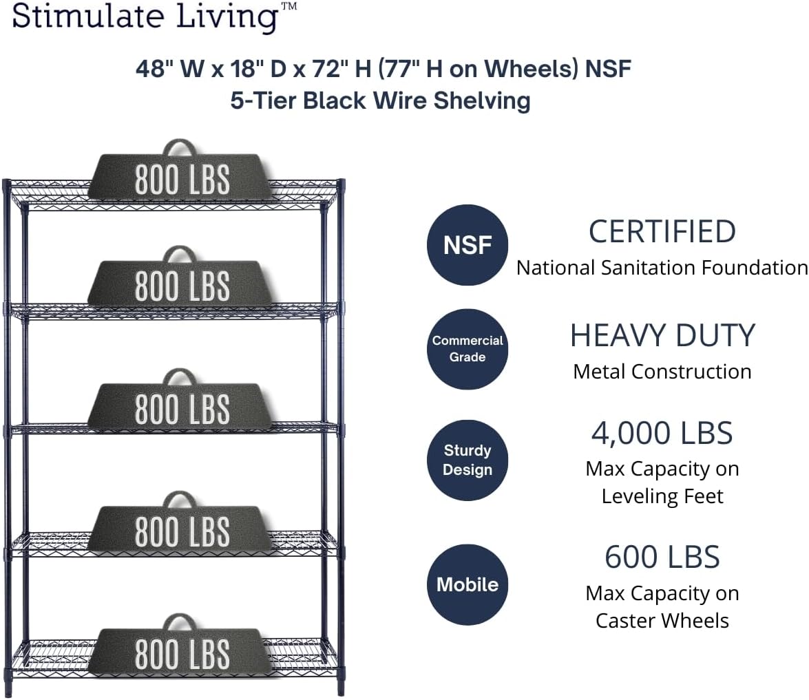 48"x18"x72" PRIME HEAVY DUTY Black 5-Tier Wire Shelving NSF 4000 LBS MAX Capacity Storage Rack for Commercial, School, Home, Garage, Warehouse, Industrial, and Hospital Uses (with Wheels) - NestledHome