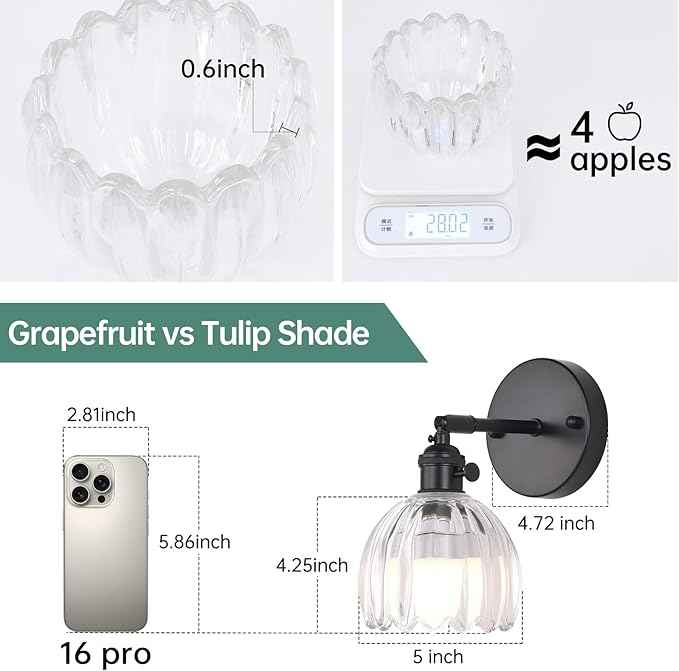 Vintage Battery Operated Wall Sconce with Transparent Tulip Glass Lampshade Rechargeable Battery Powered Black Wall Light with Remote Control for Bedside Bedroom Doorway