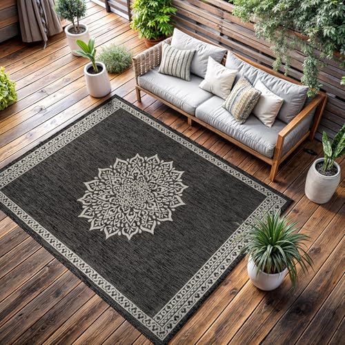Outdoor Rug 8x10 Medallion Darkgray Modern Area Rugs for Indoor and Outdoor Patios Kitchen and Hallway Mats Washable Porch Deck Outside Carpet (80 Sq Ft)