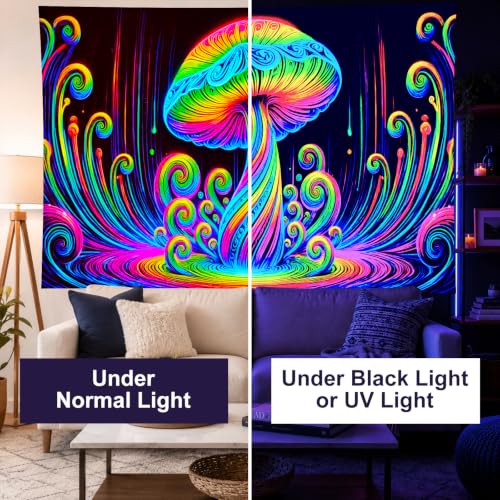Blacklight Mushroom Tapestry 78x59 Inch UV Reactive Wall Hanging