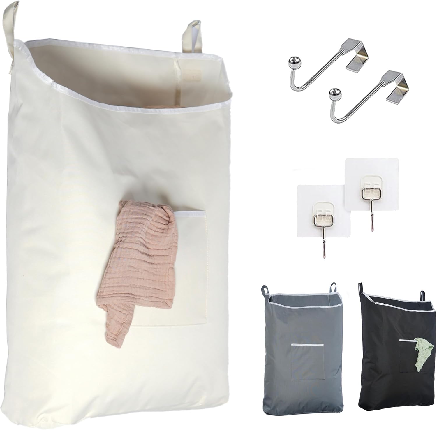 The Fine Living Co. Hanging Laundry Hamper with Over Door Hooks & Adhesive, Durable Space Saving Laundry Bag with Zipper and Wide Open Top, Hanging Dorm Laundry Hamper 18"x4.75"x28" (Beige-L) - NestledHome