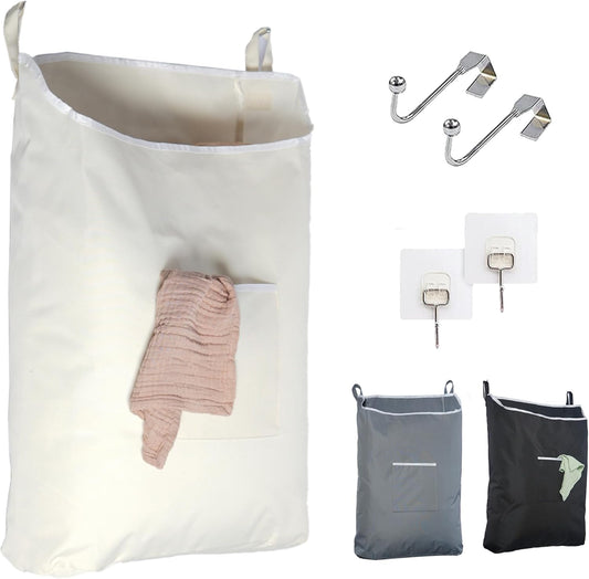 The Fine Living Co. Hanging Laundry Hamper with Over Door Hooks & Adhesive, Durable Space Saving Laundry Bag with Zipper and Wide Open Top, Hanging Dorm Laundry Hamper 18"x4.75"x28" (Beige-L) - NestledHome